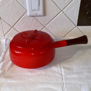 Vintage Dansk Kobenstyle Fondue Pot Pan Lid Red Enamelware teak Handle MCM